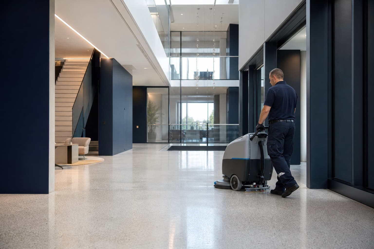 Medewerker bedient een schrobzuigmachine op een terrazzovloer in een grote hal.