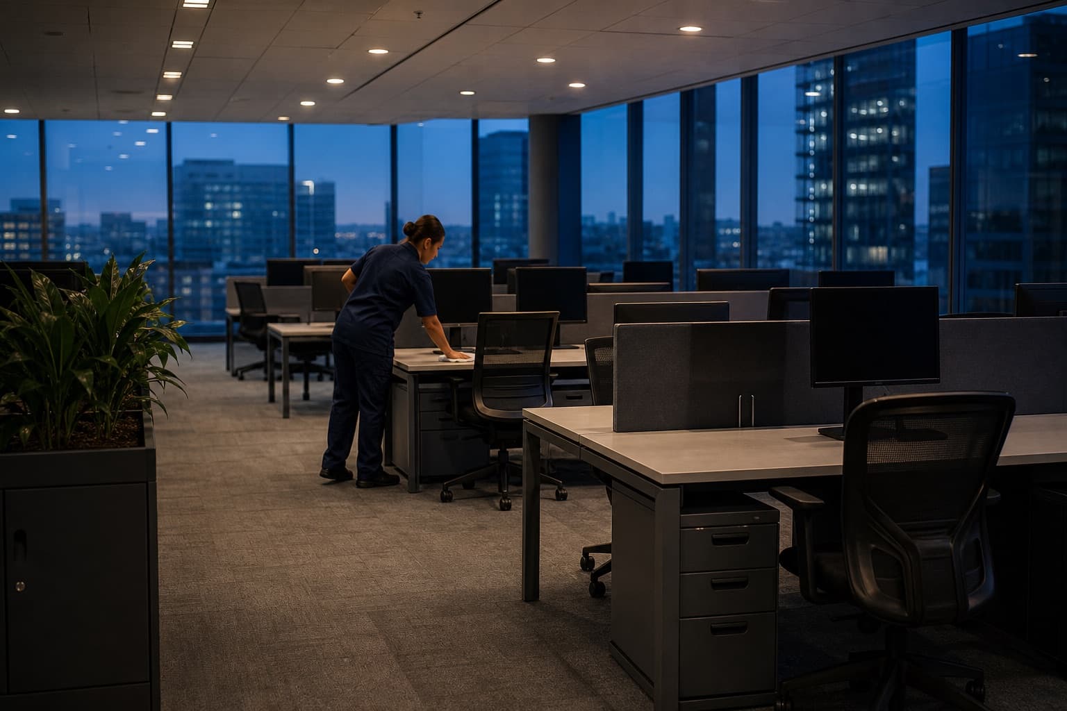 Medewerker reinigt na de kantooruren een bureaublad in een open kantoorlandschap, met de stad in avondlicht achter de ramen.